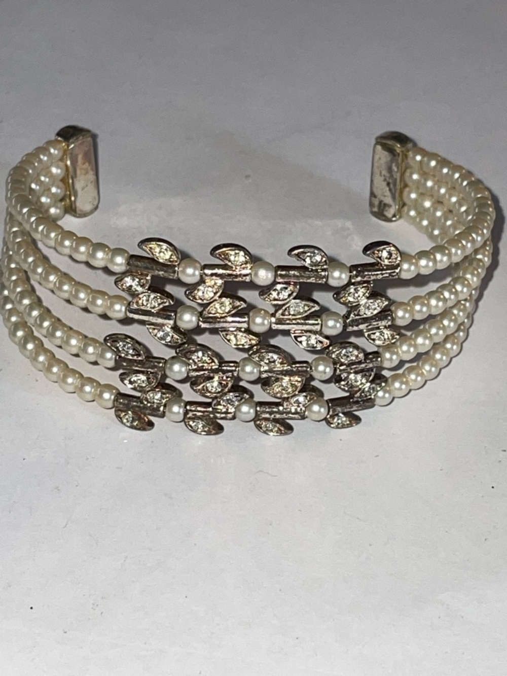 Pearl & Crystal Multi-Row Cuff Bracelet - White